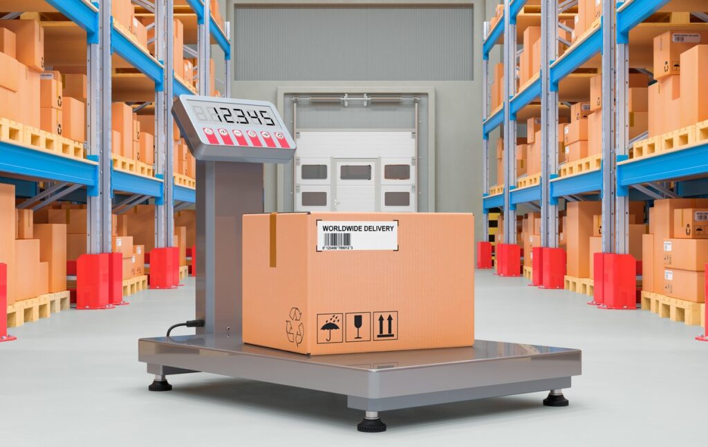 Warehouse scale with parcel in storehouse, 3D rendering